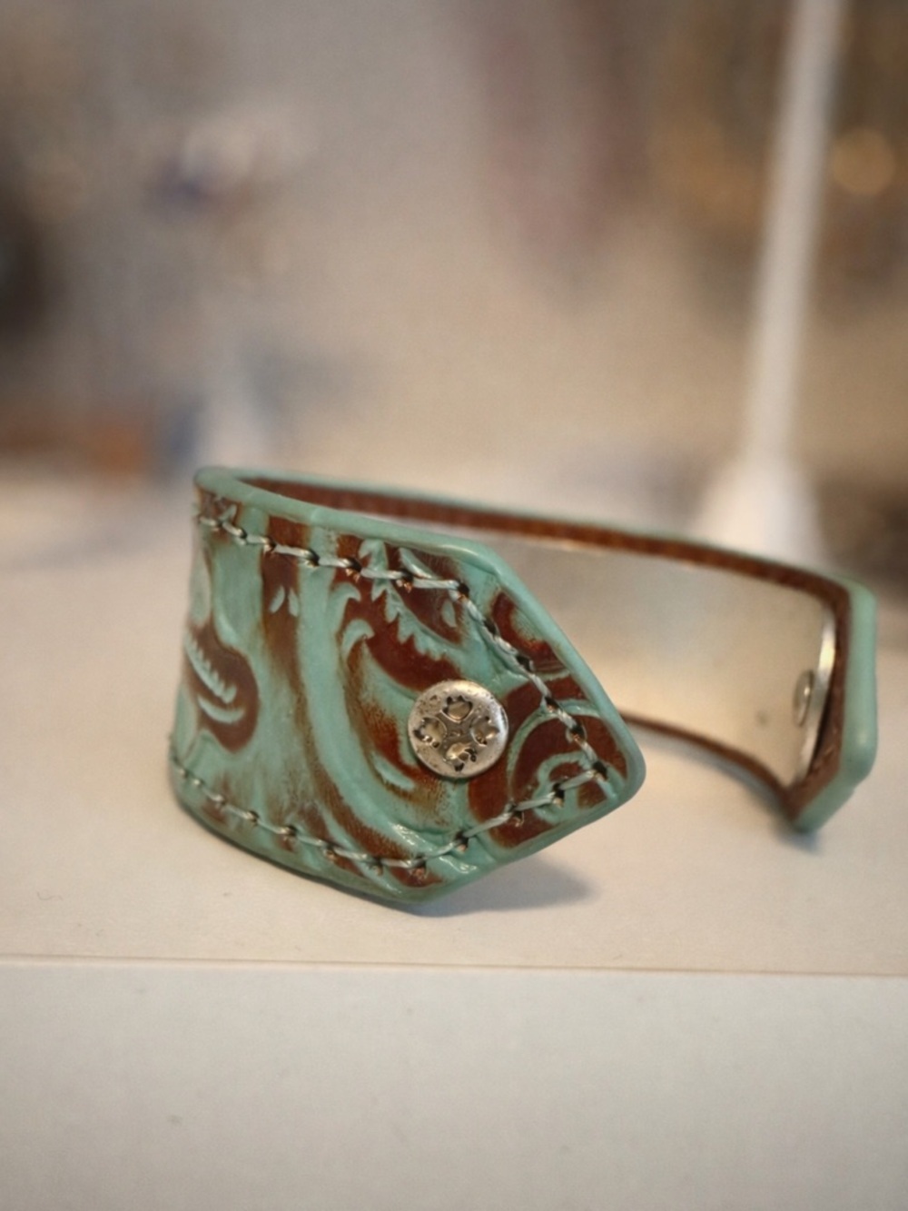 Patricia Nash Turquoise Tooled Leather Cuff Bracelet | Western Boho Statement - Picture 4 of 5